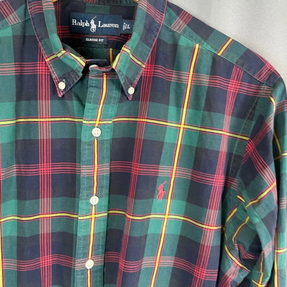 Polo Ralph Lauren Mens Large Classic Fit Plaid Button Down Shirt Green Red L